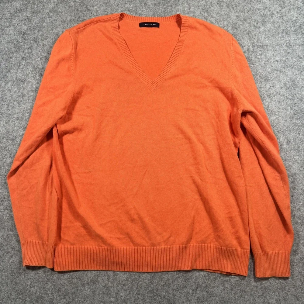 Lands' End V-Neck Sweater Large Orange Solid Knit Cotton Blend